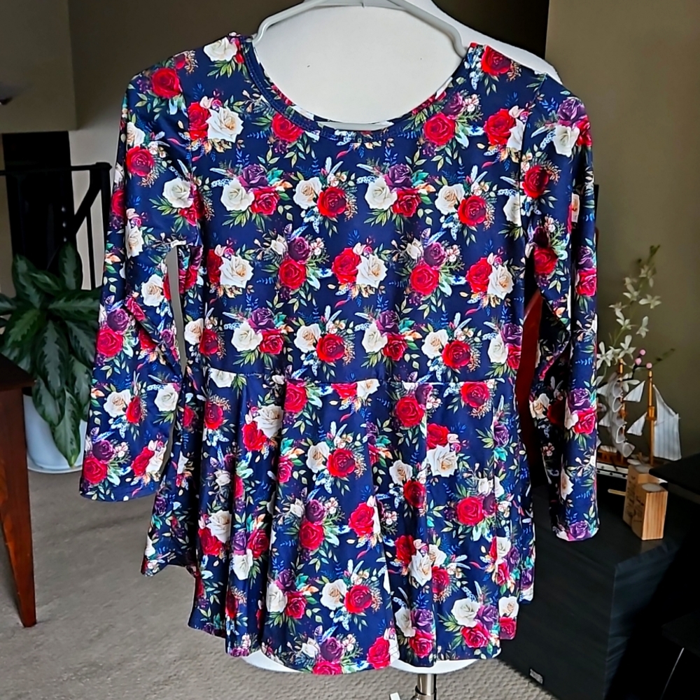 Handmade Big Girls Navy/Red Floral LS Blouse (10)